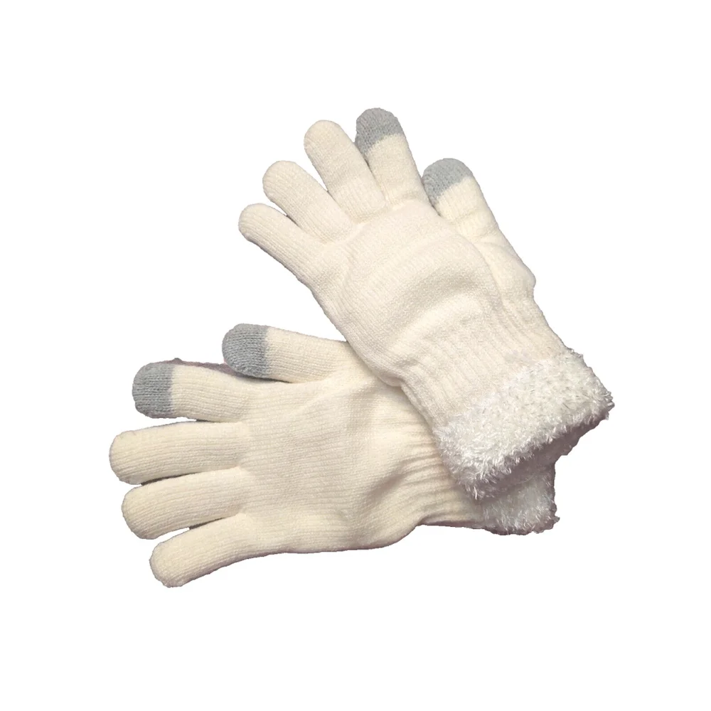 On 34th Ivory Rib Stitch Fuzzy Cuff Cream & Gray Knit Gloves Sz One Size NWT